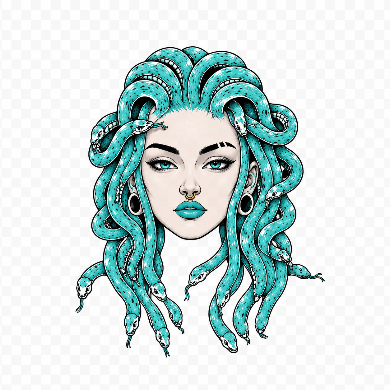 Divas Medusa artwork with turquoise snakes, eyebrow slit and septum ring